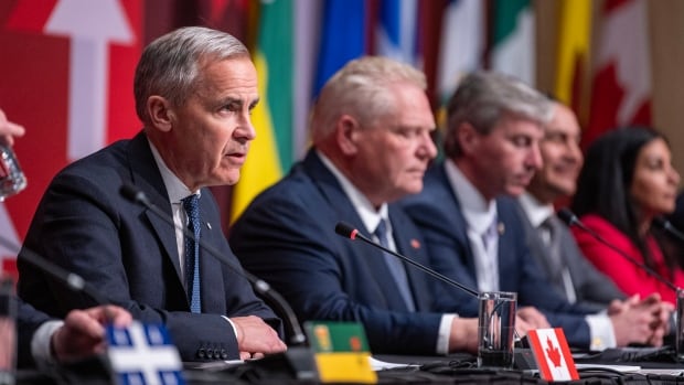 A row of politicians sit at a table as one speaks into a microphone.