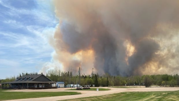 Smoke and flames in the background rise above a forest. A gravel road and store are in the foreground.