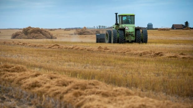 A picture of a farm field and a tractor. 