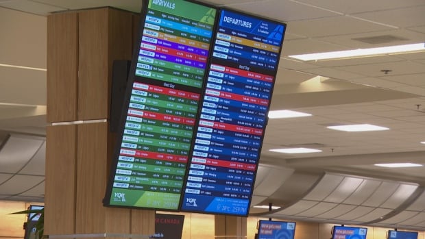 Image of TV screens showcasing airplane arrival and departure times.